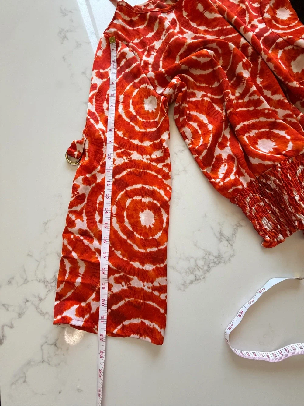 Michael Kors Orange Tie-Dye Circle Print Smocked Hem Blouse